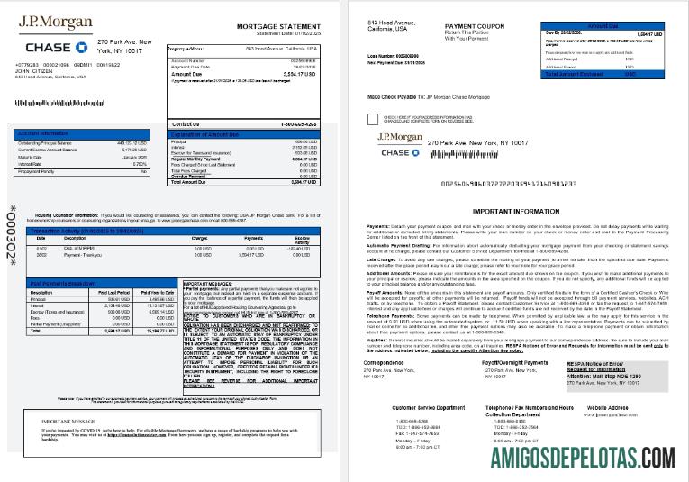 Declaração de hipoteca do JP Morgan Chase Bank dos EUA em formatos Word e PDF 1 2 amostra